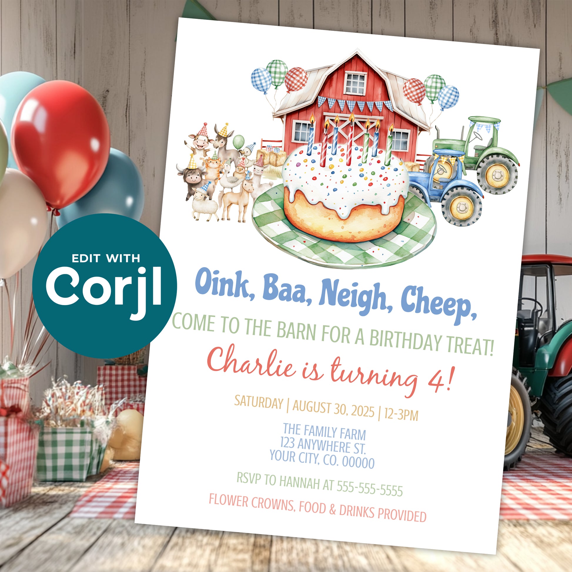 Farm birthday invitation with barn, tractors, animals and birthday cake on rustic party background with balloons, editable Corjl template