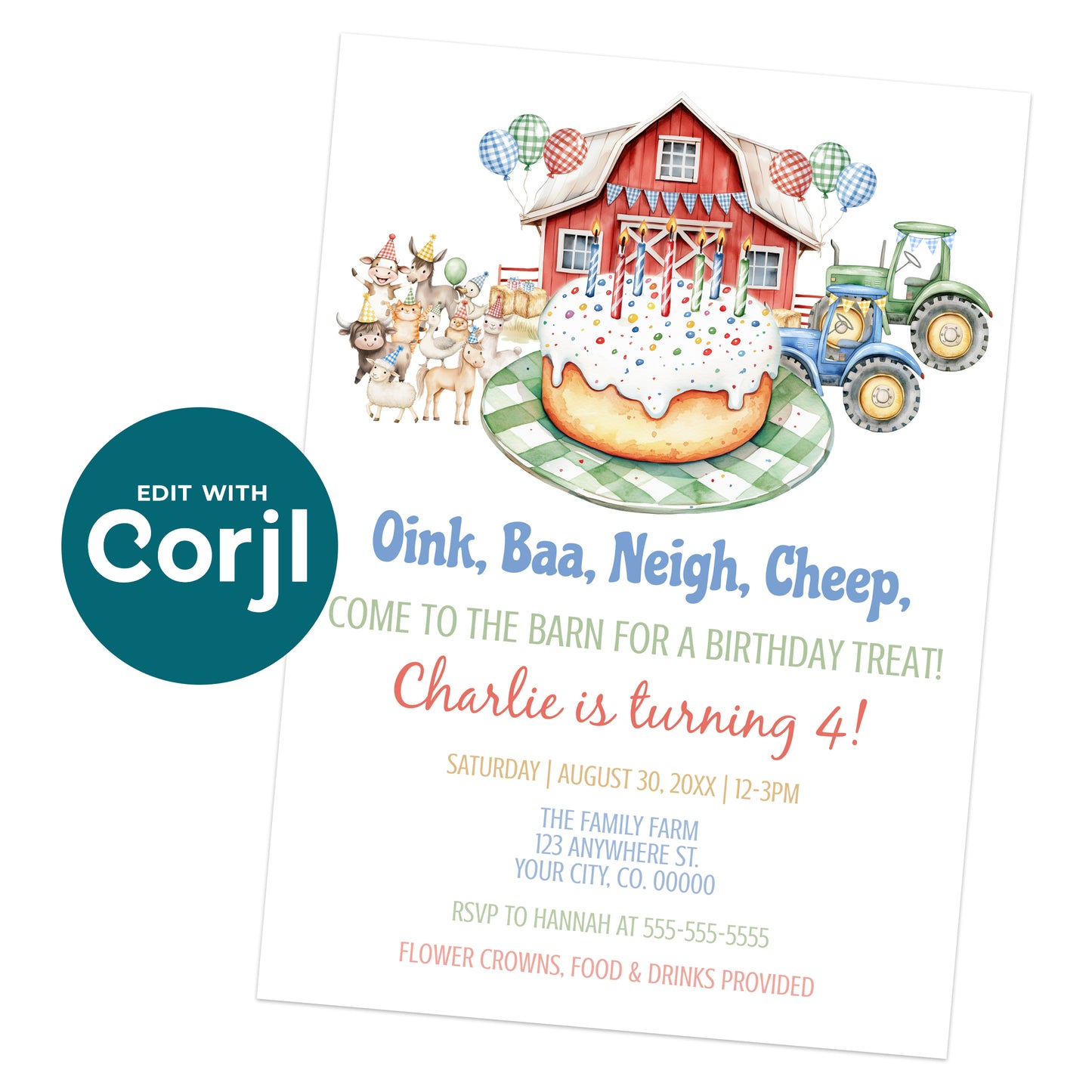 Printable farm birthday invitation with red barn, tractors, animals and cake illustration, editable barnyard birthday invite template