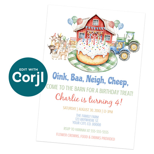 Printable farm birthday invitation with red barn, tractors, animals and cake illustration, editable barnyard birthday invite template