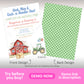 Farm birthday invitation with red barn, green tractor and hay bale illustration with green gingham back design, barnyard party invite template