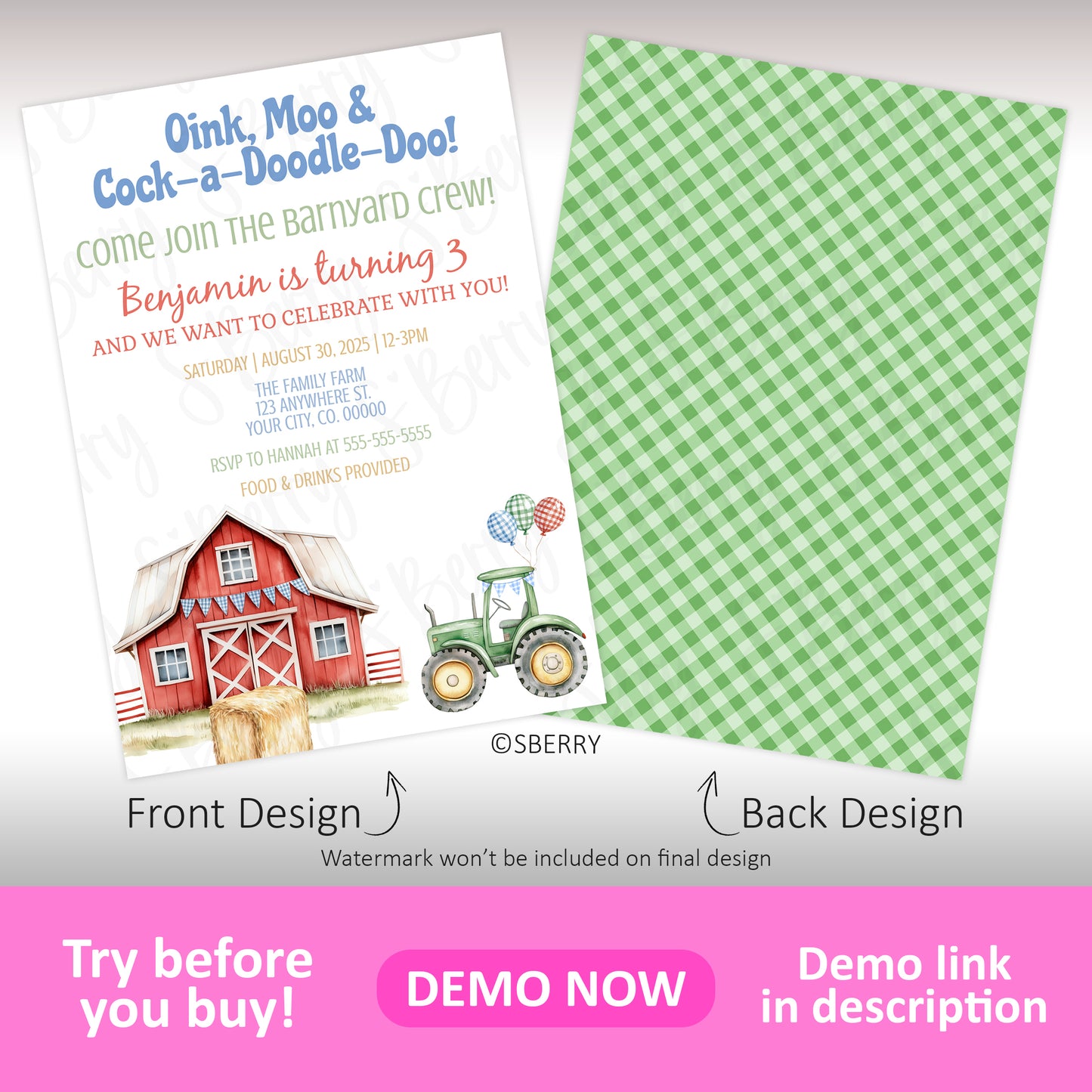 Farm birthday invitation with red barn, green tractor and hay bale illustration with green gingham back design, barnyard party invite template