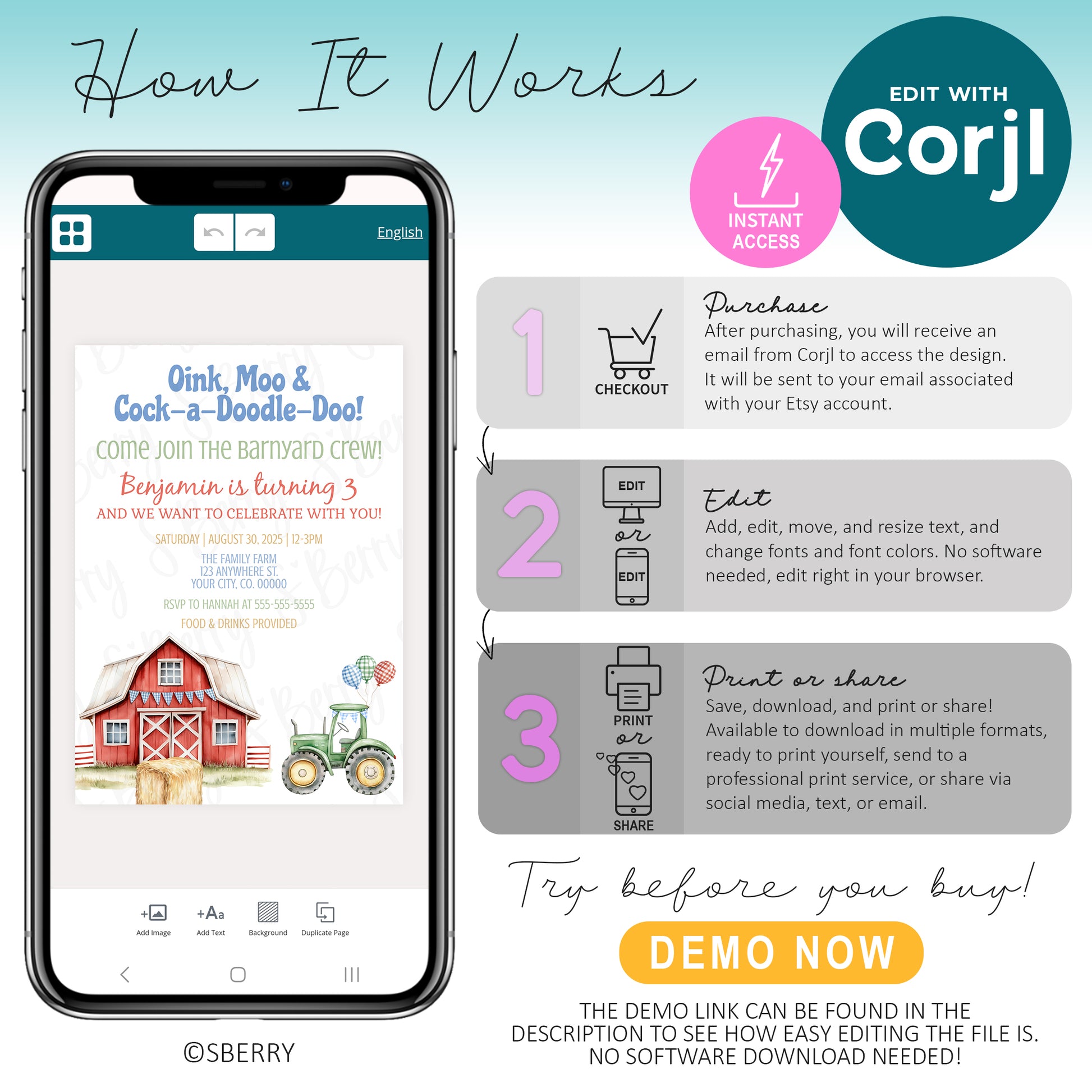 How to edit farm birthday invitation template in Corjl on phone, instant access barnyard invite, customize text and download instructions