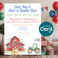Farm birthday invitation with red barn and tractor displayed at barnyard themed party with balloons and decorations, editable Corjl template
