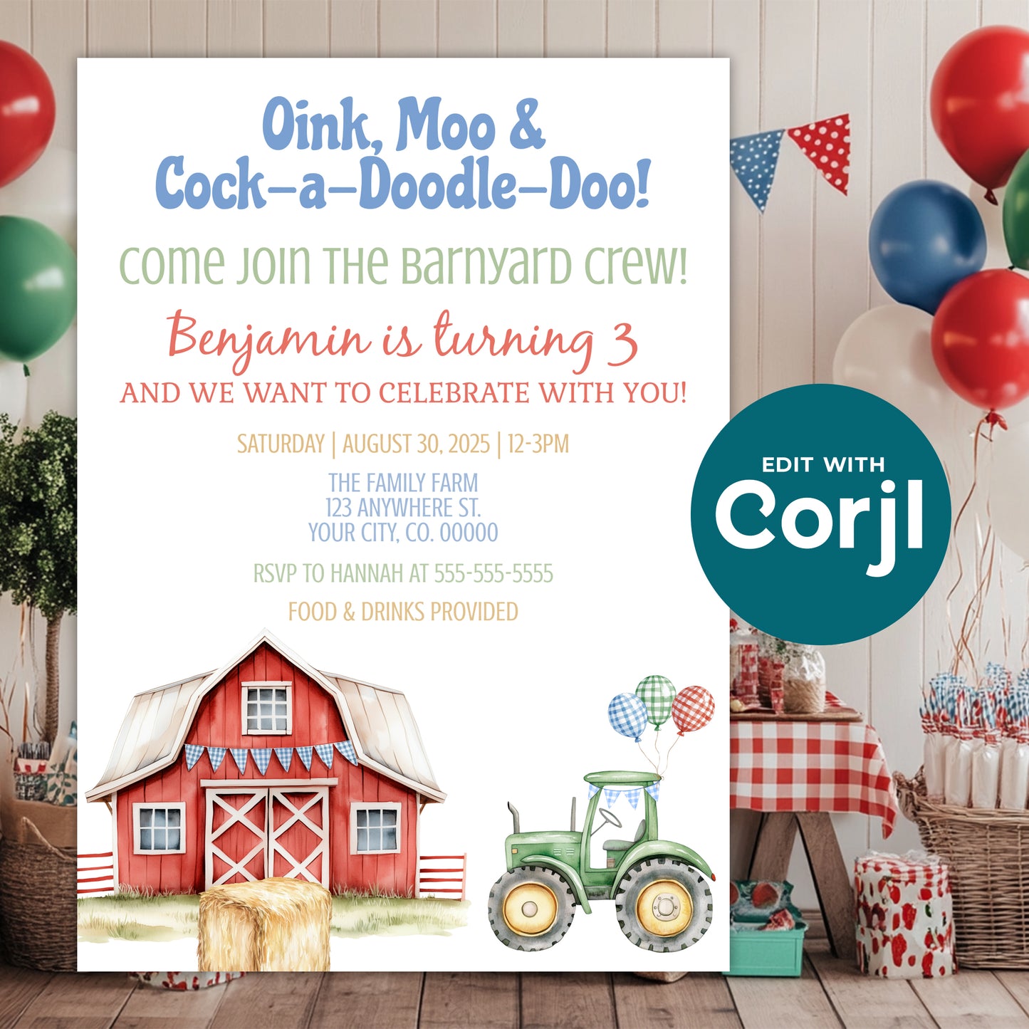 Farm birthday invitation with red barn and tractor displayed at barnyard themed party with balloons and decorations, editable Corjl template