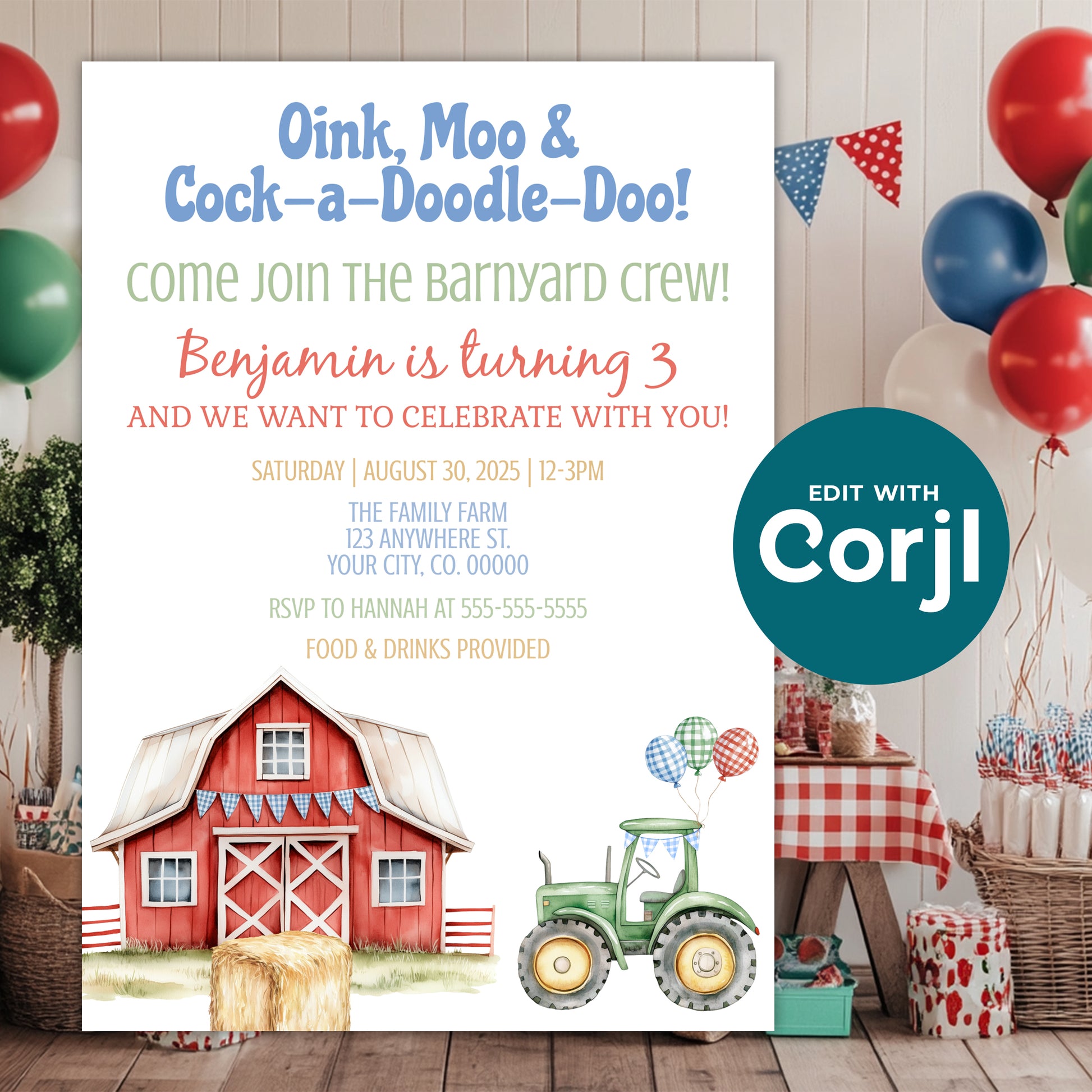 Farm birthday invitation with red barn and tractor displayed at barnyard themed party with balloons and decorations, editable Corjl template
