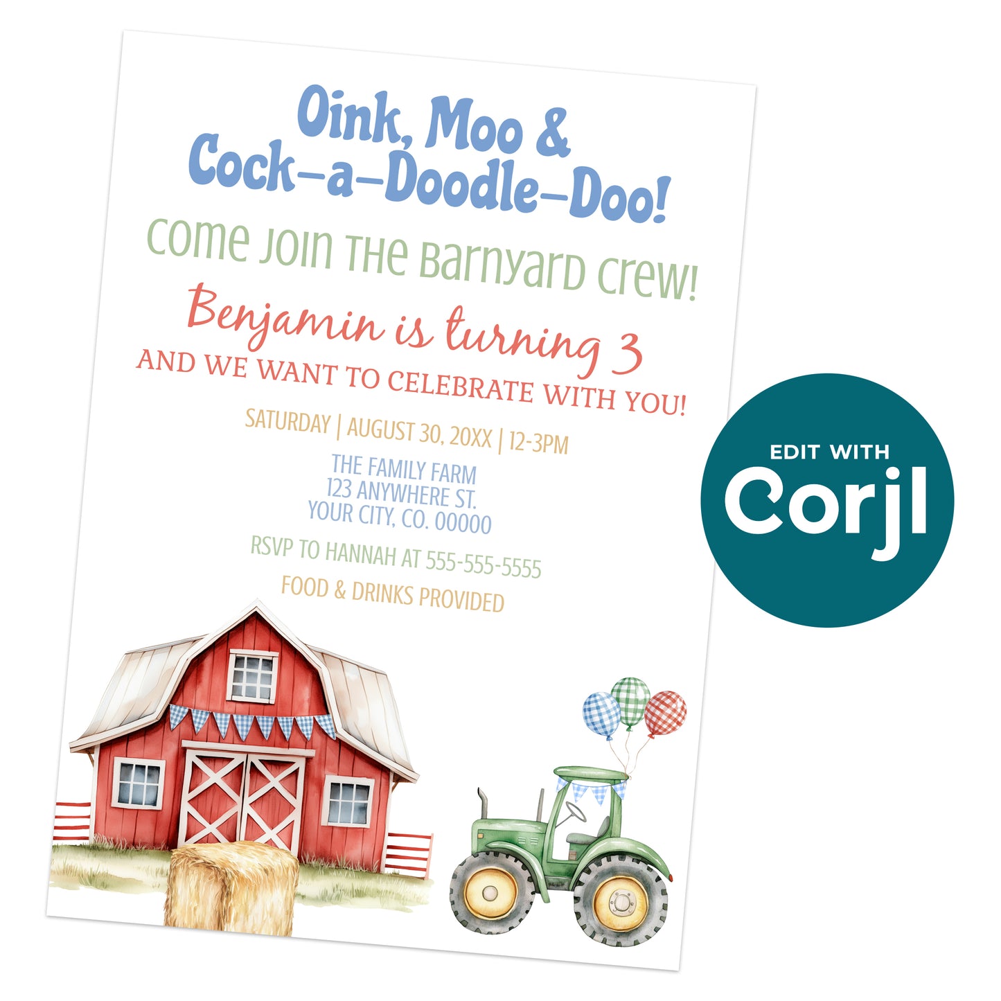 Printable farm birthday invitation with red barn, green tractor and hay bale illustration, editable barnyard birthday invite template