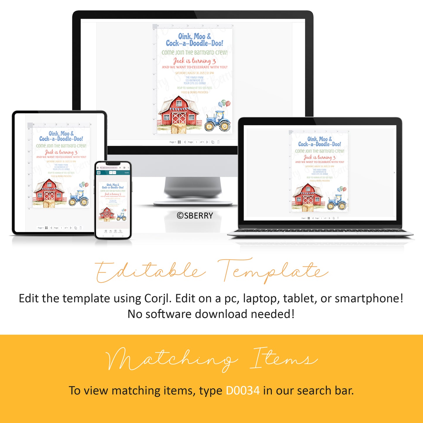 Editable farm birthday invitation template with red barn and blue tractor shown on desktop, laptop, tablet and phone, Corjl instant download