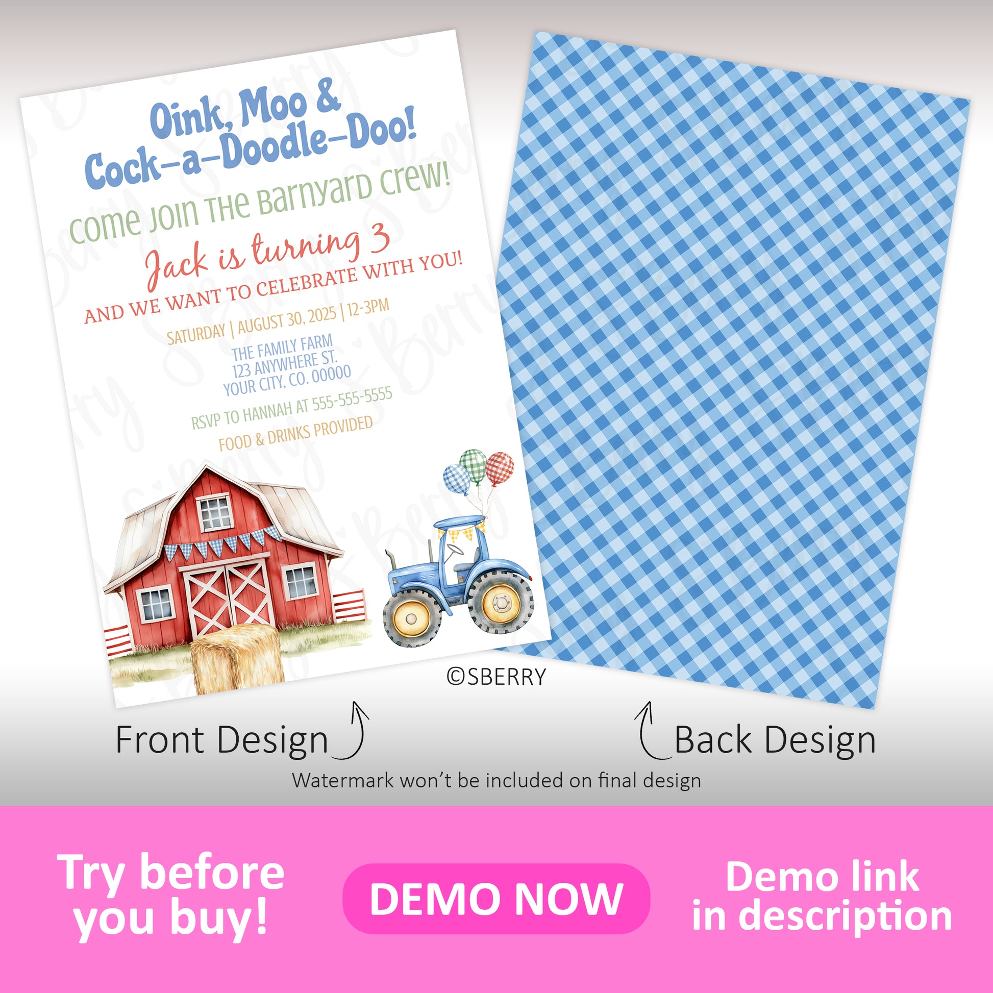 Farm birthday invitation with red barn, blue tractor and hay bale illustration with blue gingham back design, barnyard party invite template