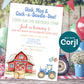 Farm birthday invitation with red barn and blue tractor displayed at barnyard themed party with balloons and decorations, editable template