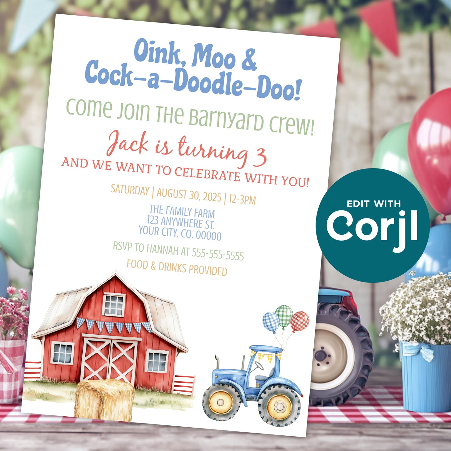 Farm birthday invitation with red barn and blue tractor displayed at barnyard themed party with balloons and decorations, editable template