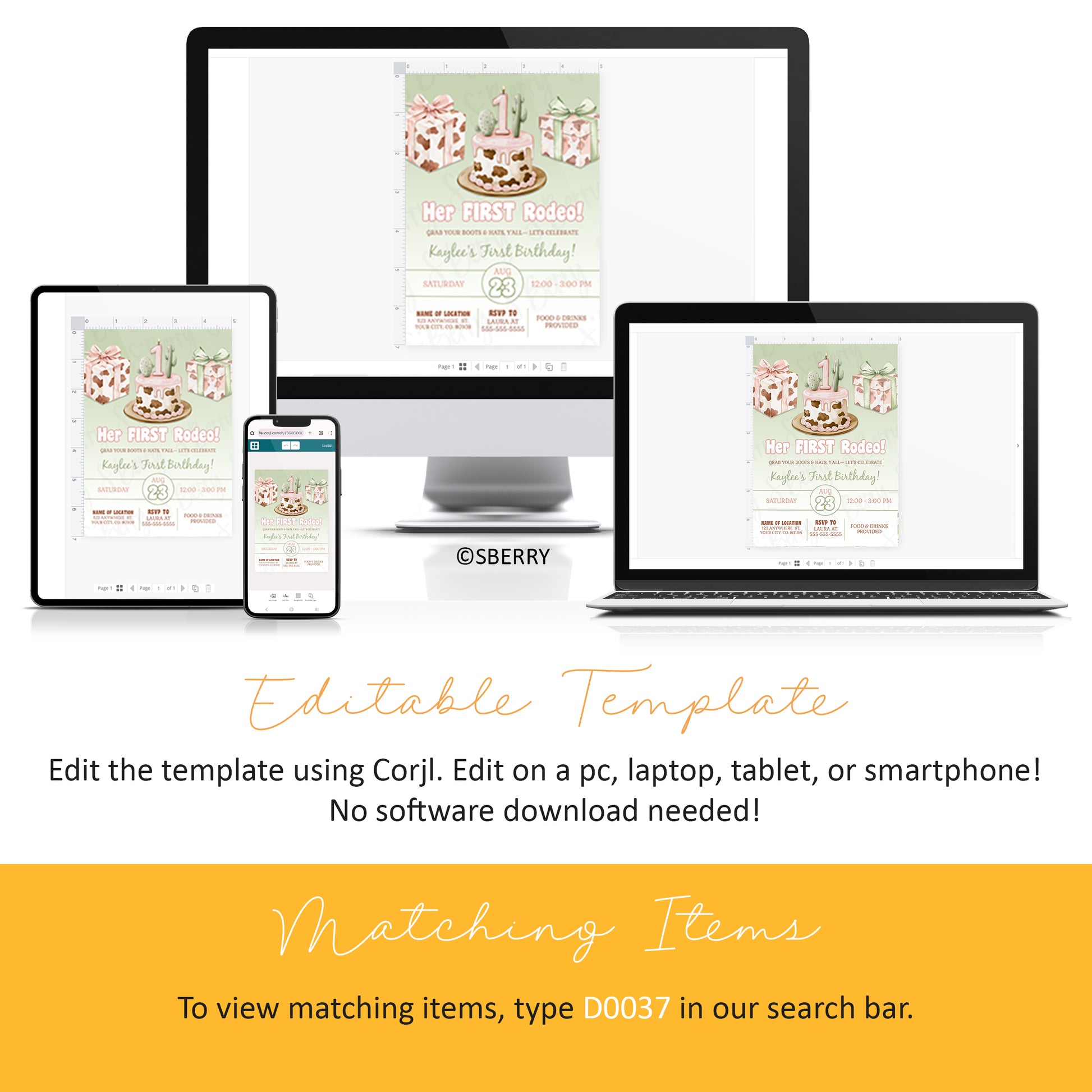 Editable cowgirl first birthday invitation template with western cake, cactus and cow print gifts shown on desktop, laptop, tablet and phone, Corjl instant download