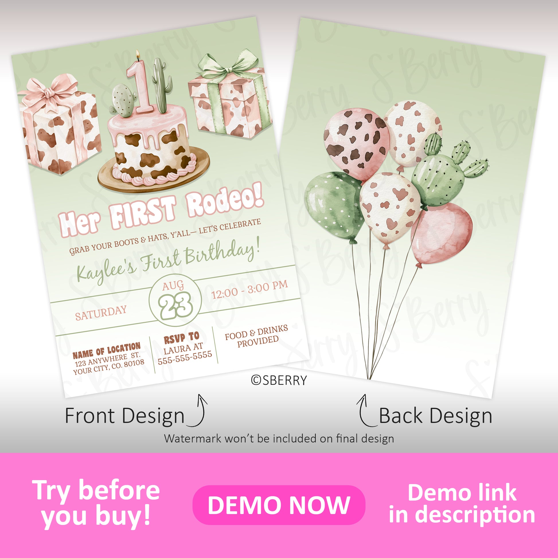 Cowgirl first birthday invitation with pink western cake, cow print gifts and cactus balloons with matching back design, rodeo birthday invite girl