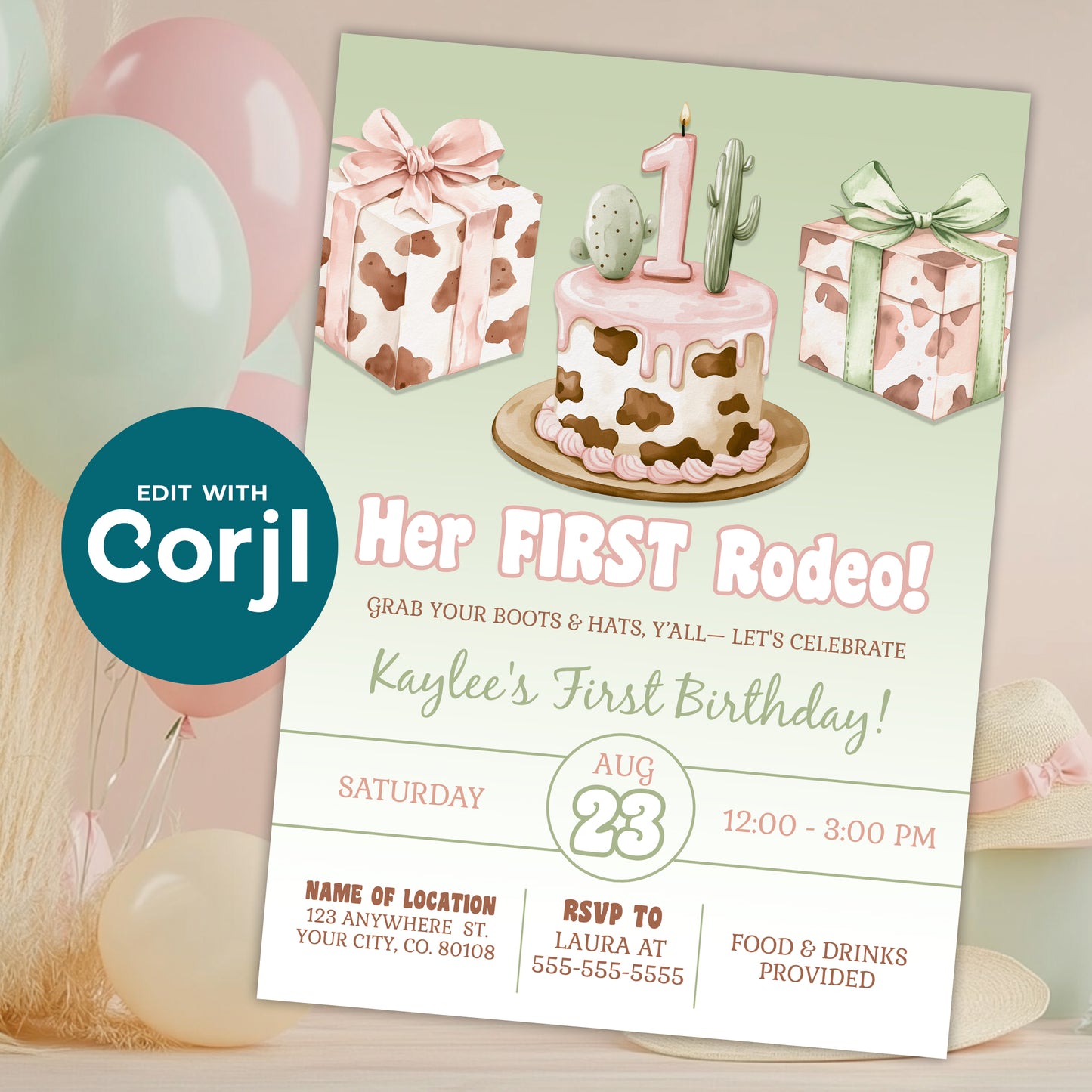 Cowgirl first birthday invitation with western cake and cow print design displayed with balloons and party decor, editable rodeo invite