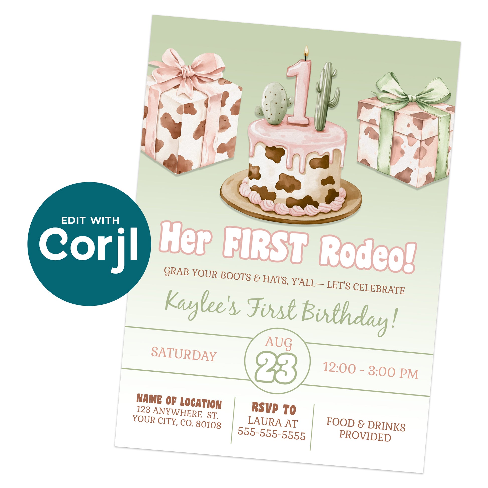 Printable cowgirl first birthday invitation with western cake, cactus and cow print gifts, editable rodeo birthday invite template