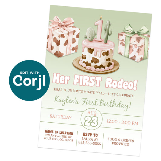 Printable cowgirl first birthday invitation with western cake, cactus and cow print gifts, editable rodeo birthday invite template