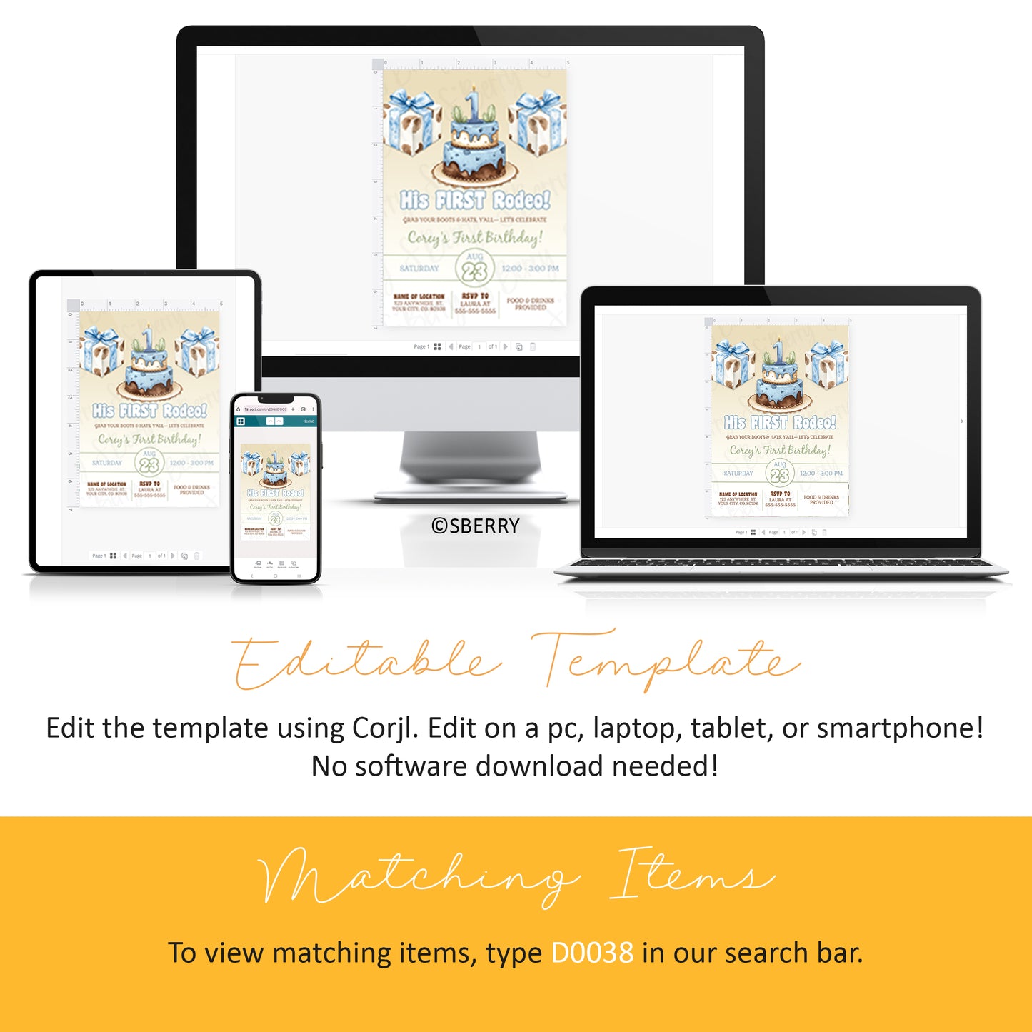 Editable western first birthday invitation boy with blue cake and cow print gifts shown on desktop, laptop, tablet and phone, Corjl instant download