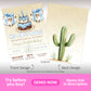 Western first birthday invitation boy with blue rodeo cake, cow print gifts and cactus back design, first rodeo birthday invite