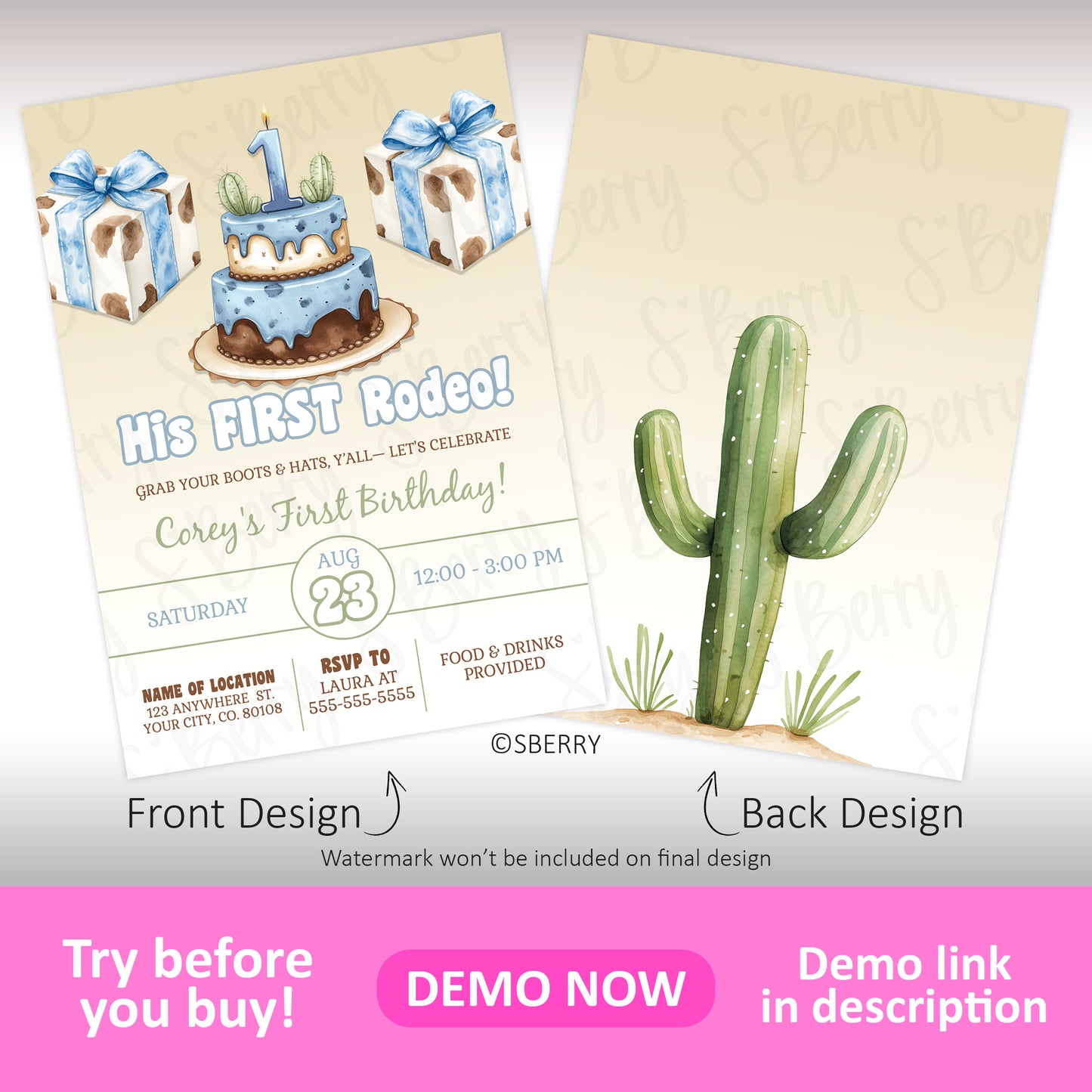 Western first birthday invitation boy with blue rodeo cake, cow print gifts and cactus back design, first rodeo birthday invite