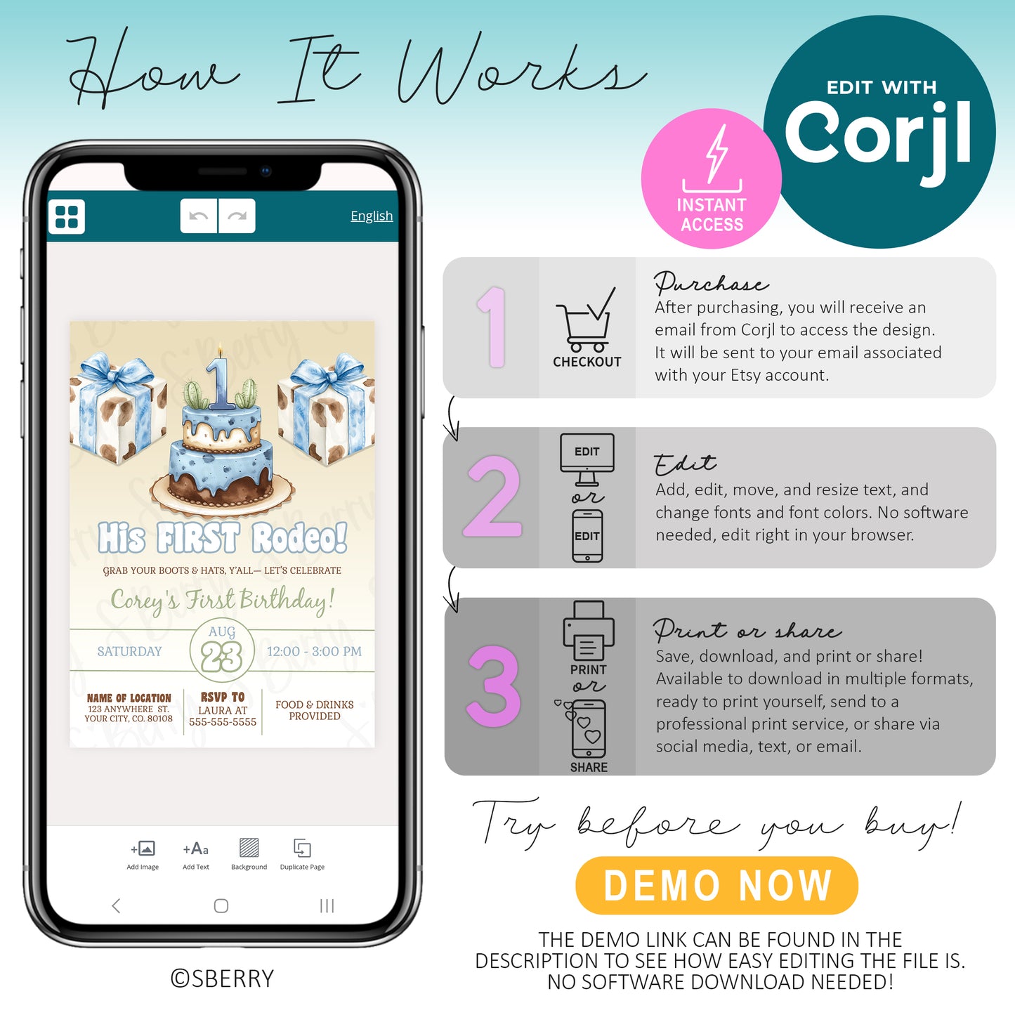 How to edit first rodeo birthday invitation template in Corjl on mobile device, instant access western birthday invite boy