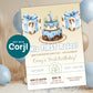 Western first birthday invitation boy with blue cake and cow print theme displayed with balloons and party decor, editable rodeo invite