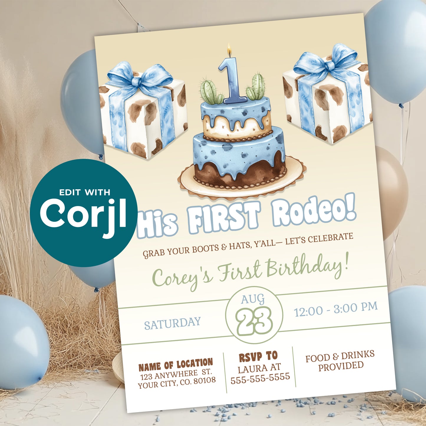Western first birthday invitation boy with blue cake and cow print theme displayed with balloons and party decor, editable rodeo invite