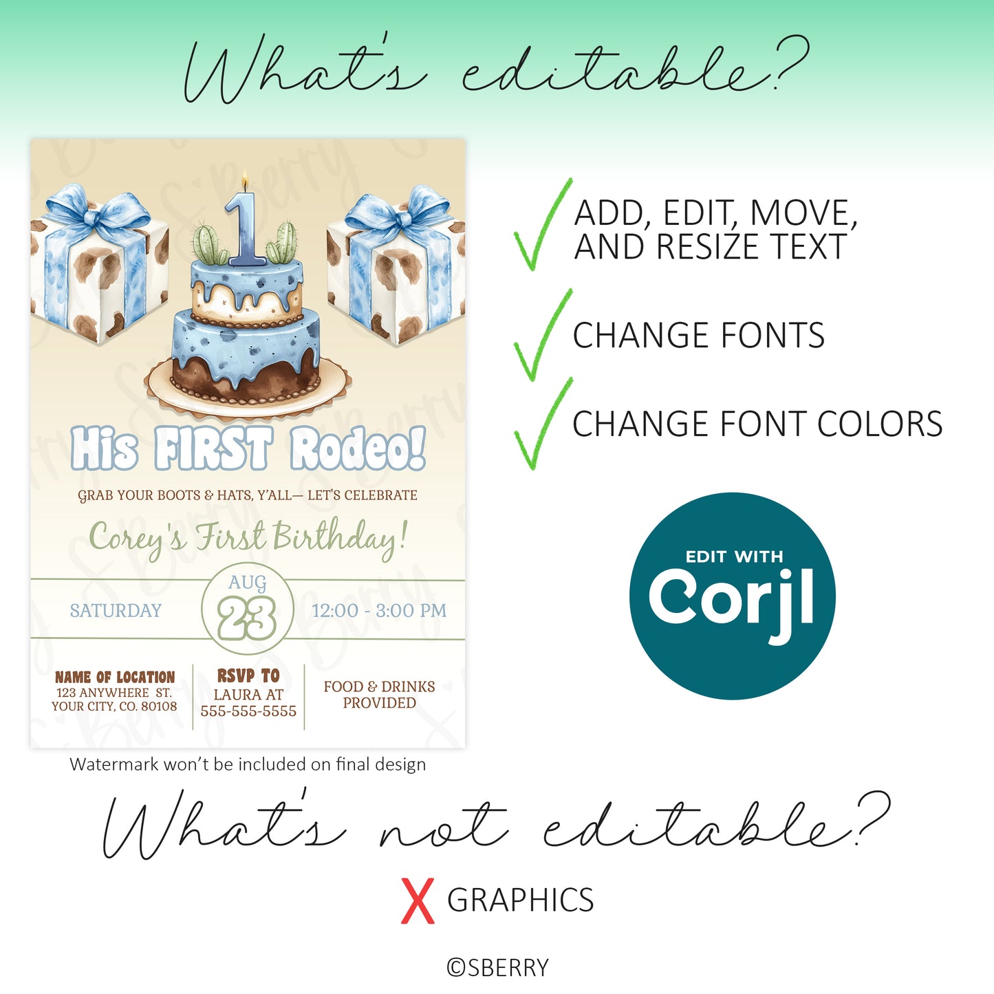 Editable first rodeo birthday invitation template boy showing text editing, font and color changes, graphics not editable Corjl template
