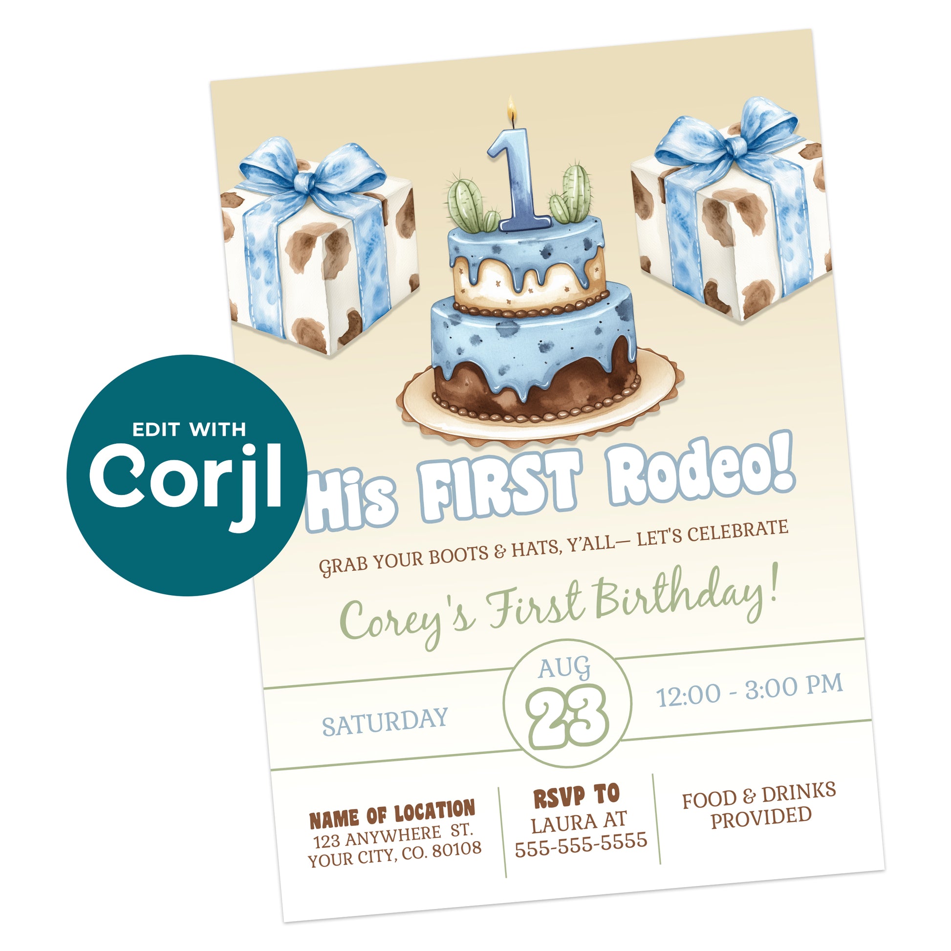 Printable western first birthday invitation boy with blue cake, cow print gifts and cactus theme, editable rodeo invite template