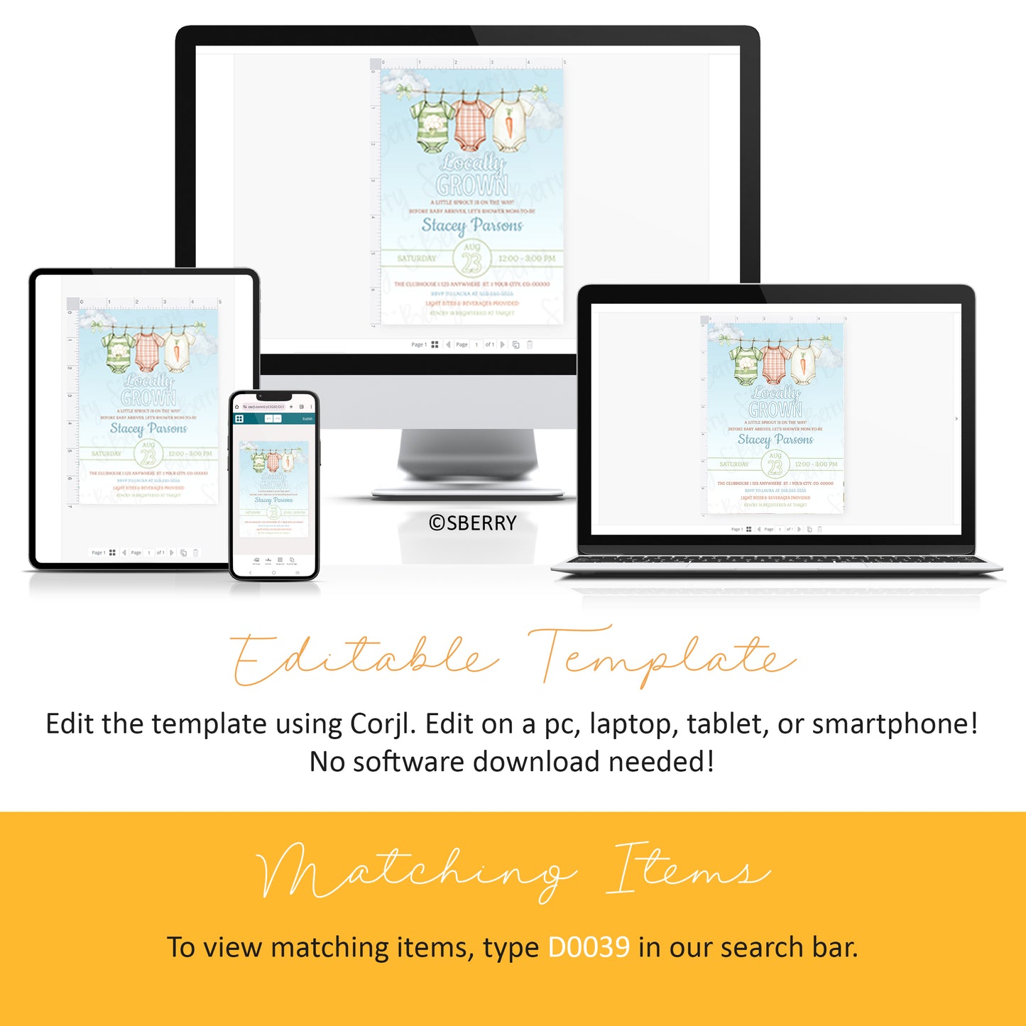 Editable locally grown baby shower invitation template with vegetable theme and baby onesies shown on desktop, laptop, tablet and phone, Corjl instant download