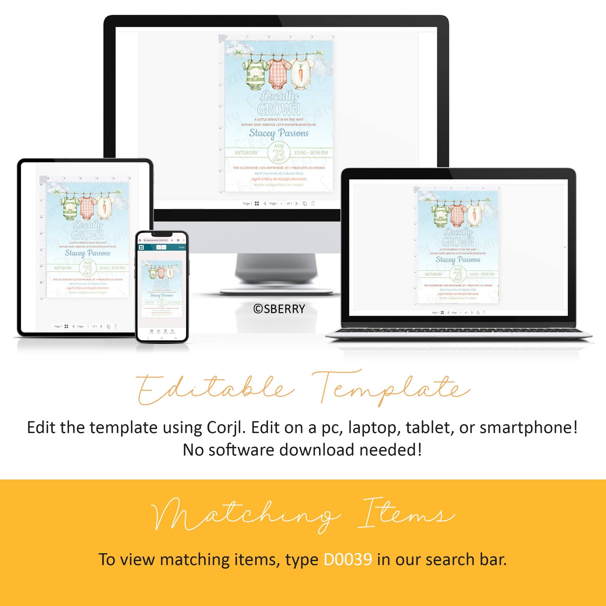 Editable locally grown baby shower invitation template with vegetable theme and baby onesies shown on desktop, laptop, tablet and phone, Corjl instant download