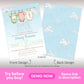 Locally grown baby shower invitation with vegetable onesie clothesline and blue sky cloud back design, garden baby shower invite template