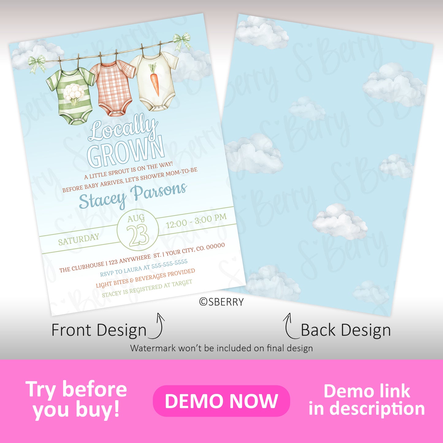 Locally grown baby shower invitation with vegetable onesie clothesline and blue sky cloud back design, garden baby shower invite template