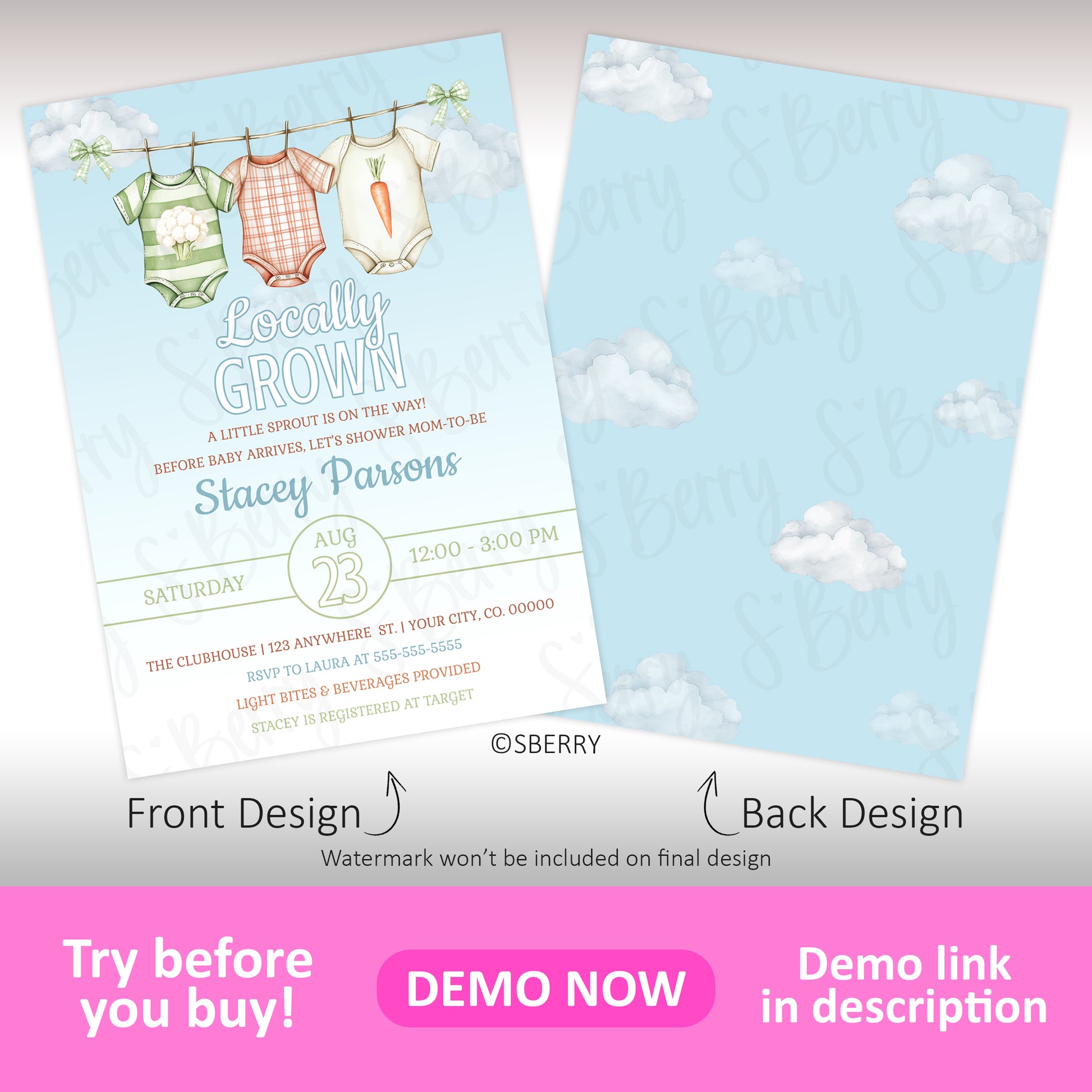 Locally grown baby shower invitation with vegetable onesie clothesline and blue sky cloud back design, garden baby shower invite template