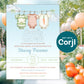 Locally grown baby shower invitation with vegetable theme displayed with garden party decor and balloons, editable baby shower invite