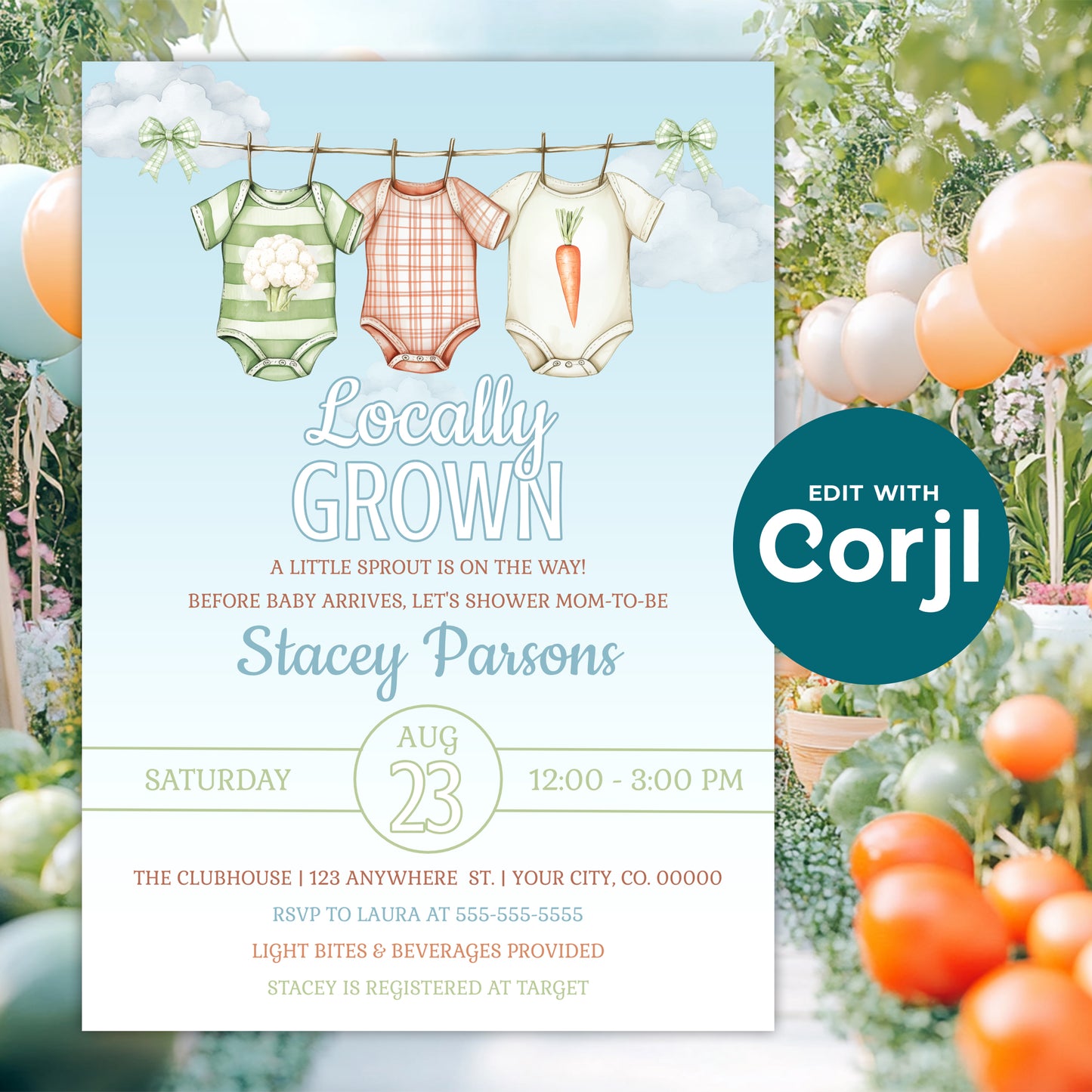 Locally grown baby shower invitation with vegetable theme displayed with garden party decor and balloons, editable baby shower invite