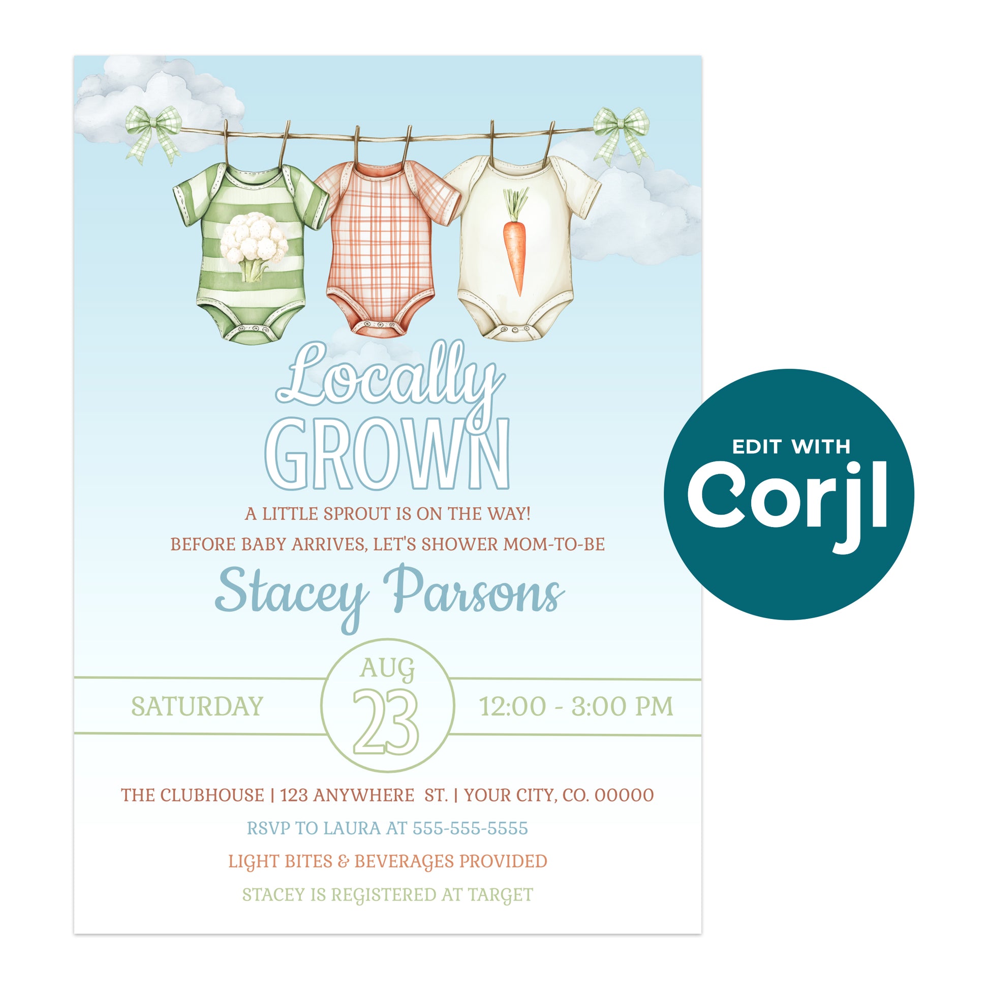 Printable locally grown baby shower invitation with vegetable onesies and garden theme, editable baby shower invite template
