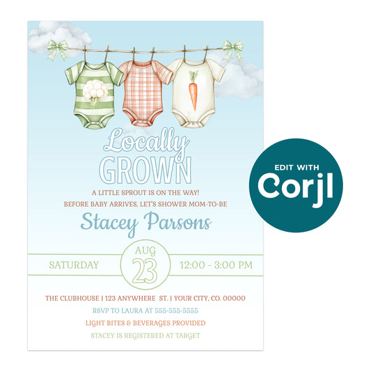 Printable locally grown baby shower invitation with vegetable onesies and garden theme, editable baby shower invite template