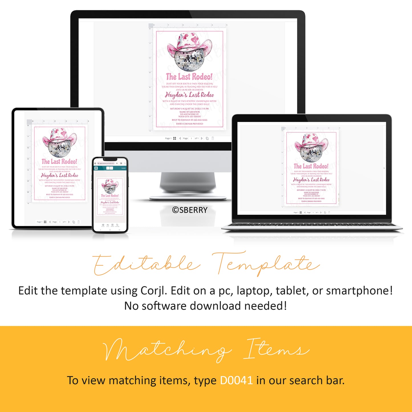 Editable last rodeo bachelorette invitation template with pink cowgirl hat disco ball design shown on desktop, laptop, tablet and phone, Corjl instant download