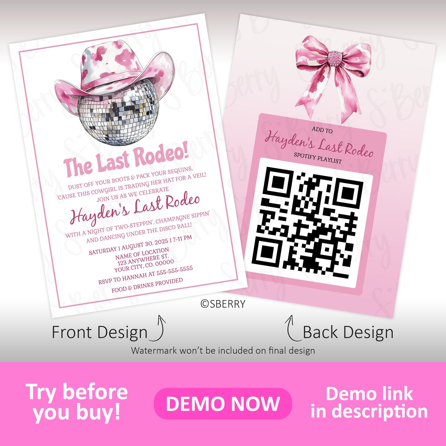 Last rodeo bachelorette party invitation with pink cowgirl disco ball theme and matching QR code back design, editable bachelorette invite