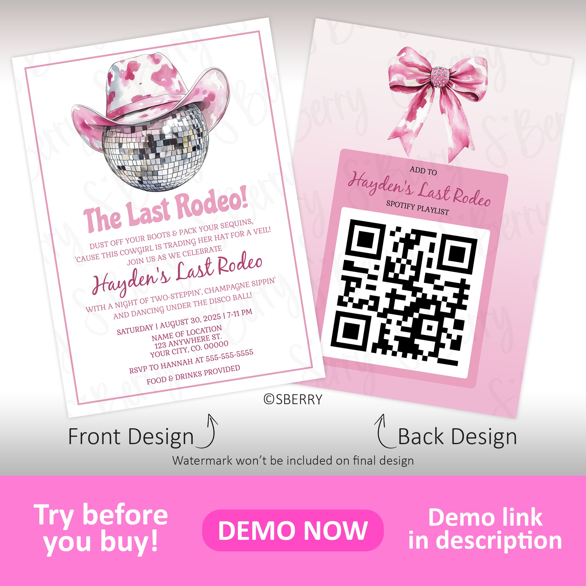 Last rodeo bachelorette party invitation with pink cowgirl disco ball theme and matching QR code back design, editable bachelorette invite