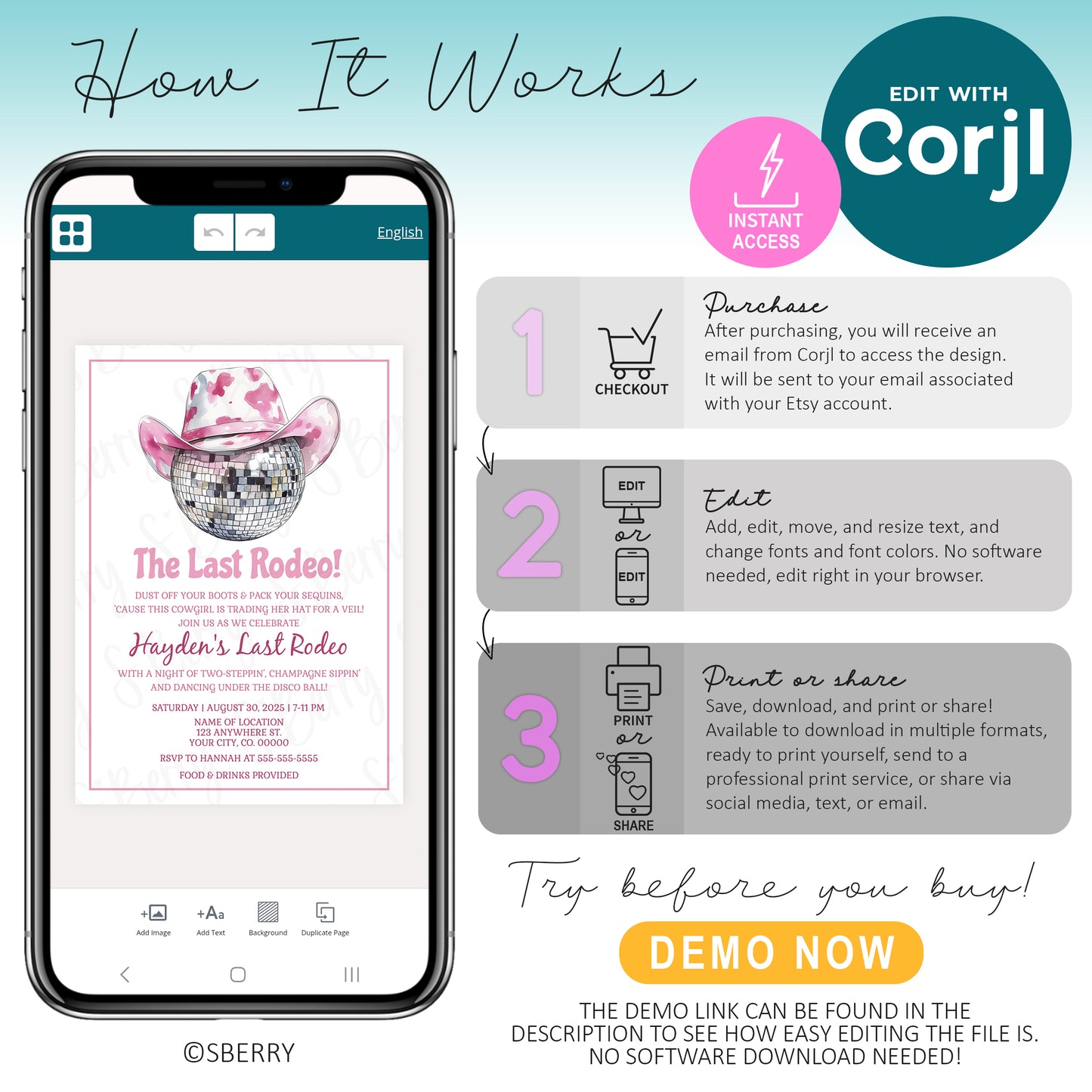 How to edit bachelorette invitation template in Corjl on mobile device, last rodeo cowgirl theme instant download invite
