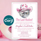 Last rodeo bachelorette invitation with pink cowgirl hat and disco ball displayed with party decor, editable cowgirl bachelorette invite