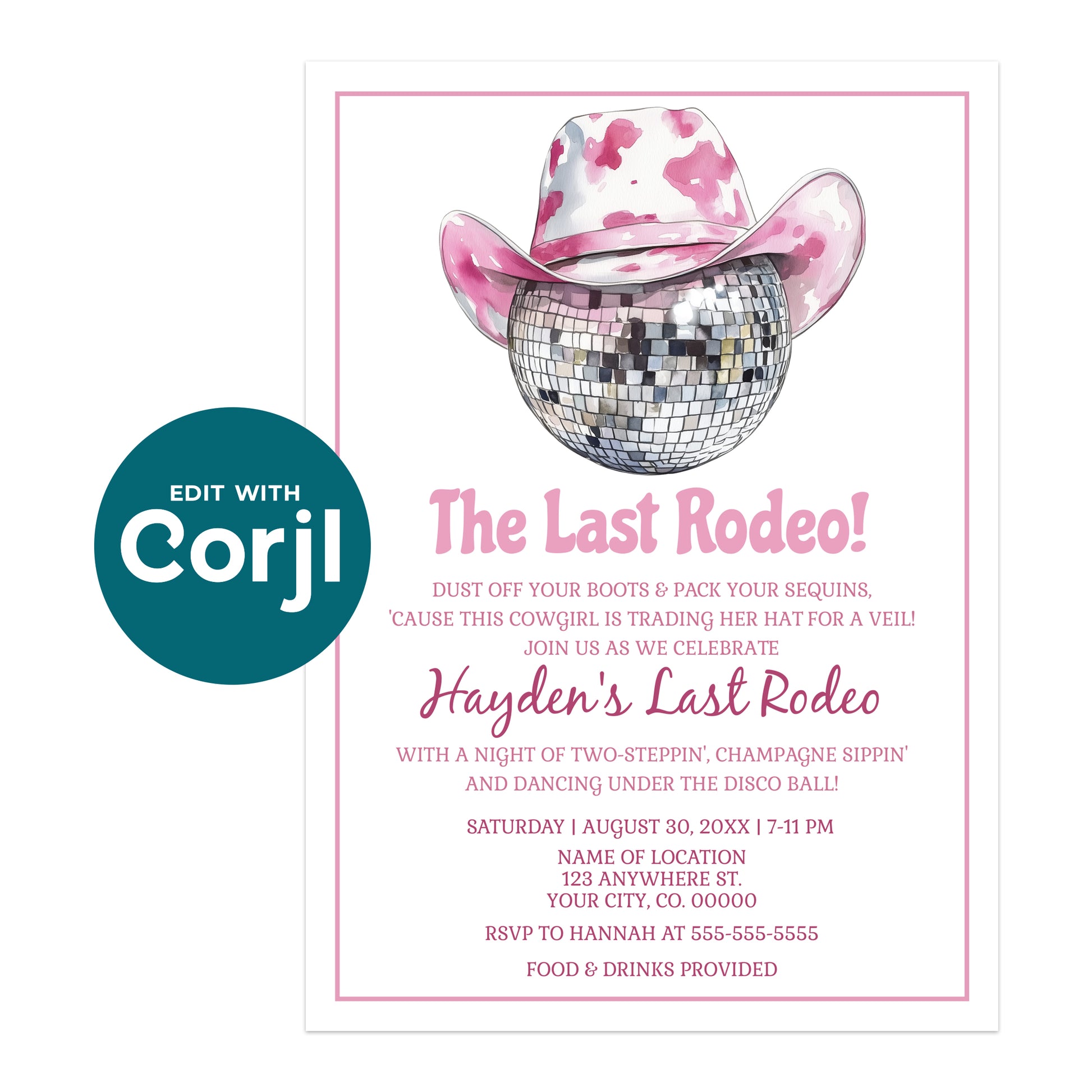 Printable last rodeo bachelorette invitation with pink cowgirl hat disco ball design, editable western bachelorette invite