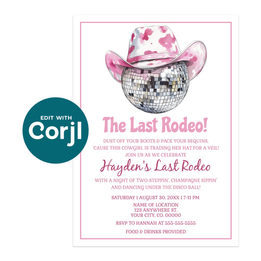 Printable last rodeo bachelorette invitation with pink cowgirl hat disco ball design, editable western bachelorette invite