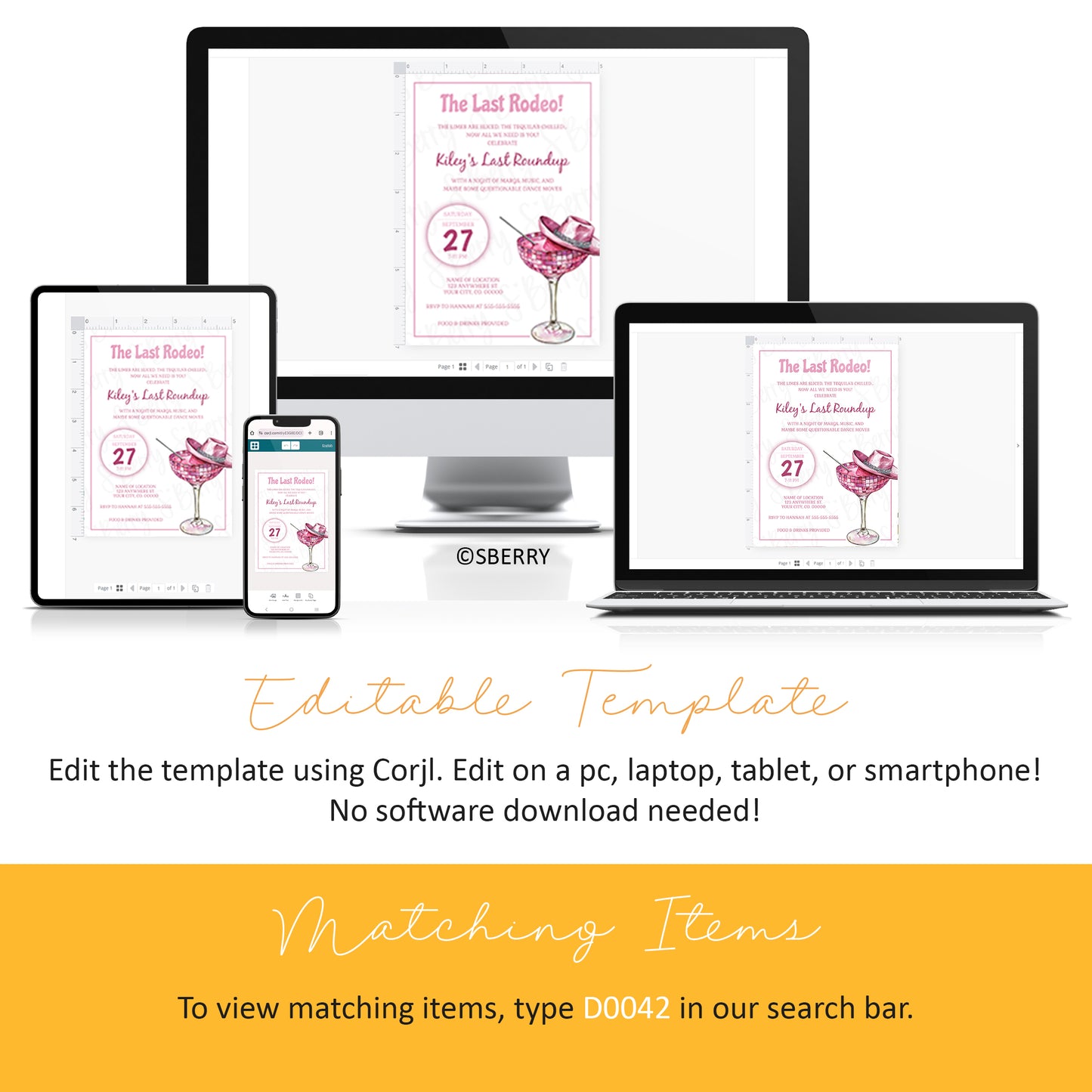 Editable last rodeo bachelorette invitation template with pink margarita glass and cowgirl hat design shown on desktop, tablet and phone, Corjl instant download