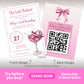 Last rodeo bachelorette invitation with pink margarita disco glass and matching QR code back design, editable cowgirl bachelorette invite
