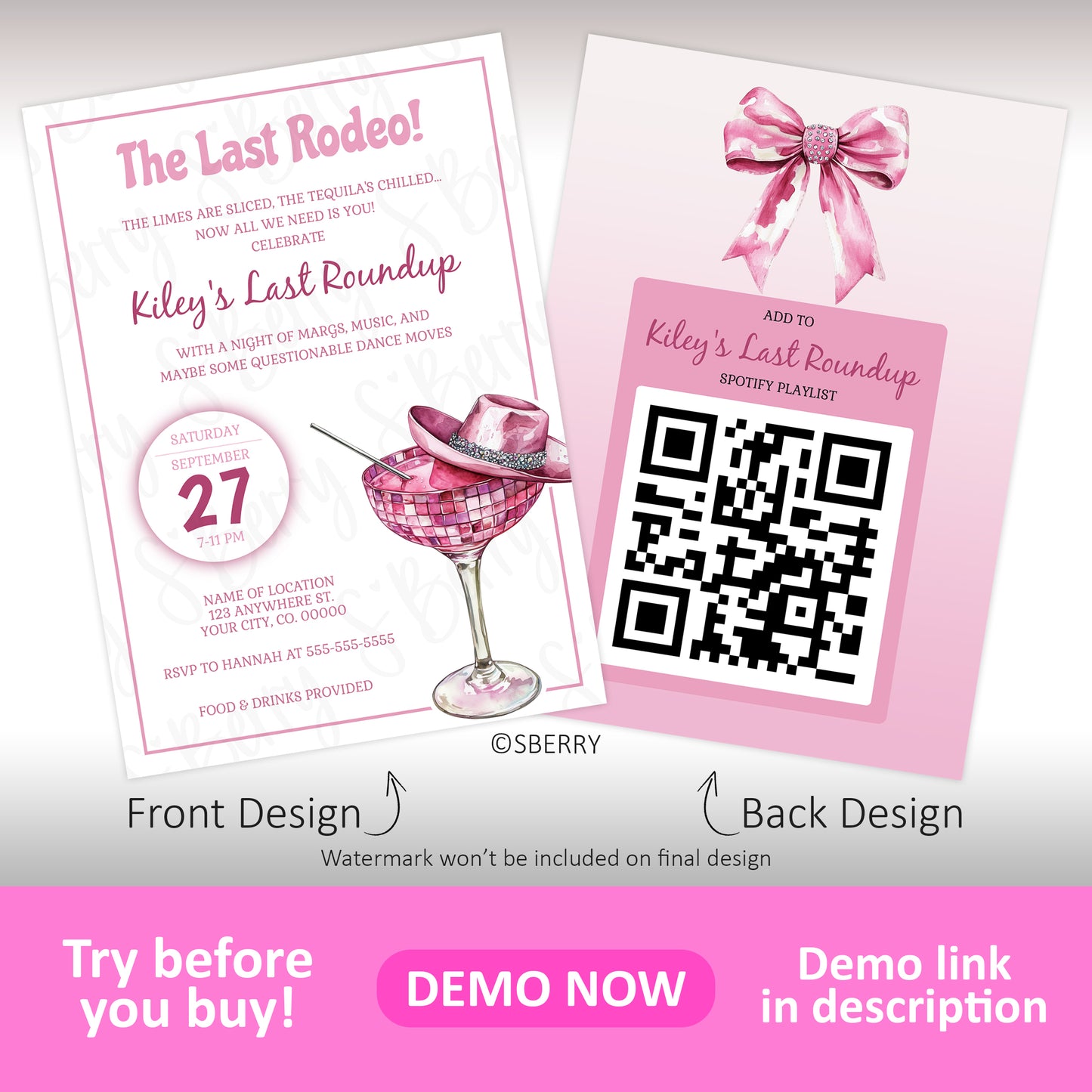 Last rodeo bachelorette invitation with pink margarita disco glass and matching QR code back design, editable cowgirl bachelorette invite