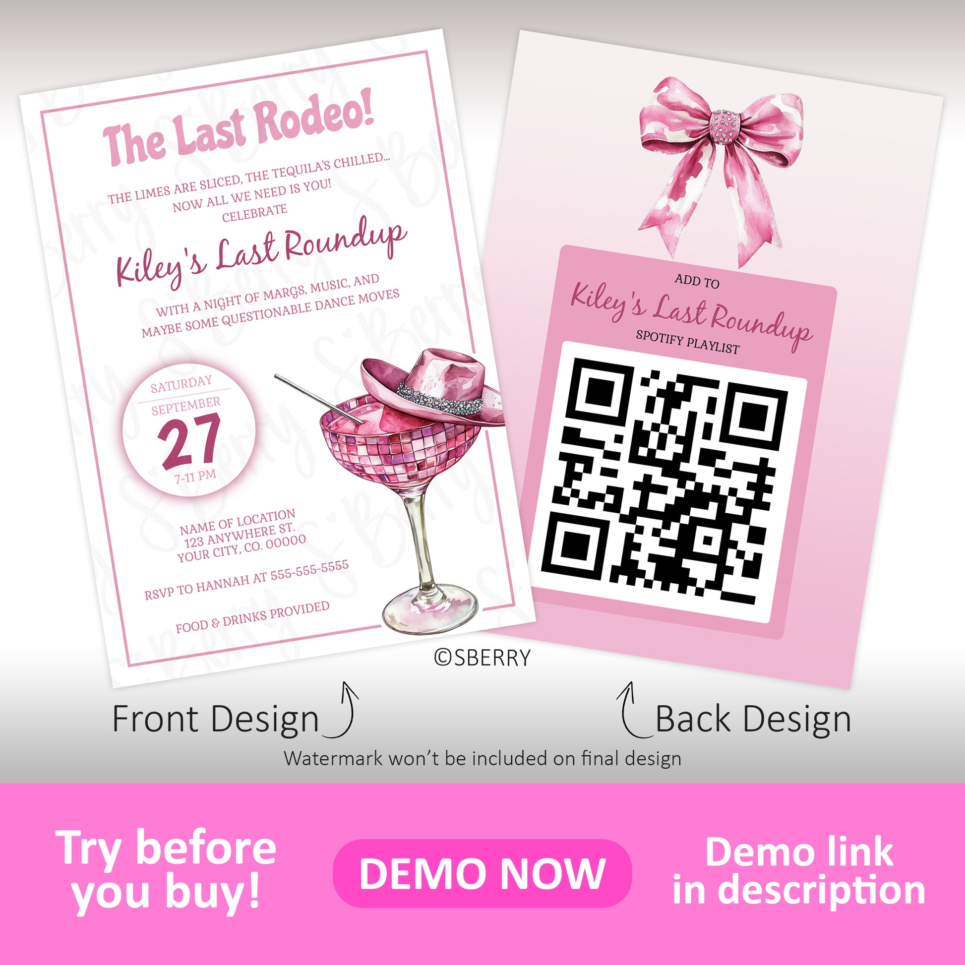Last rodeo bachelorette invitation with pink margarita disco glass and matching QR code back design, editable cowgirl bachelorette invite