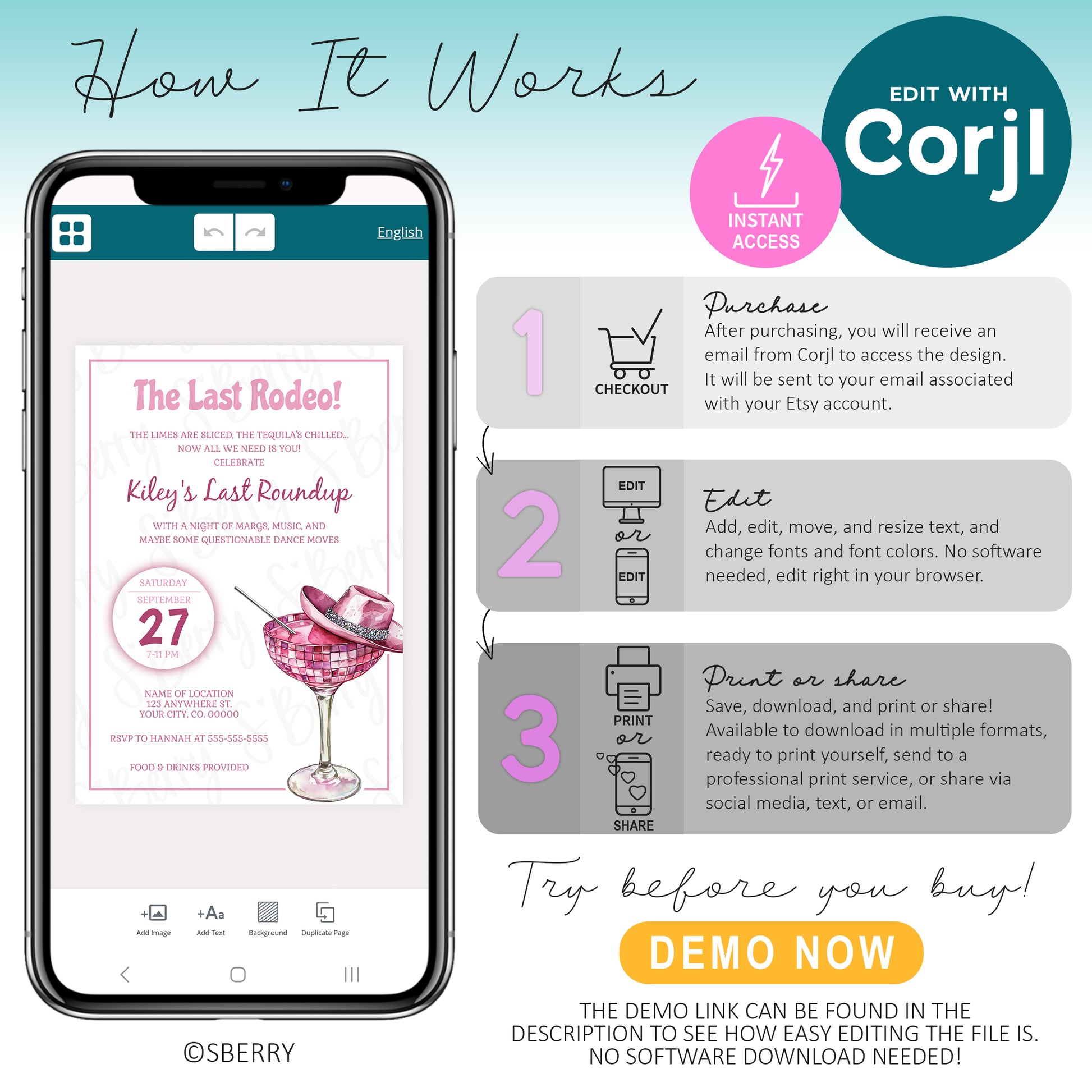 How to edit last rodeo bachelorette invitation template in Corjl on mobile device, pink cowgirl party invite instant download