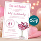 Last rodeo bachelorette invitation with pink margarita glass and cowgirl hat styled with party decor, editable western bachelorette invite