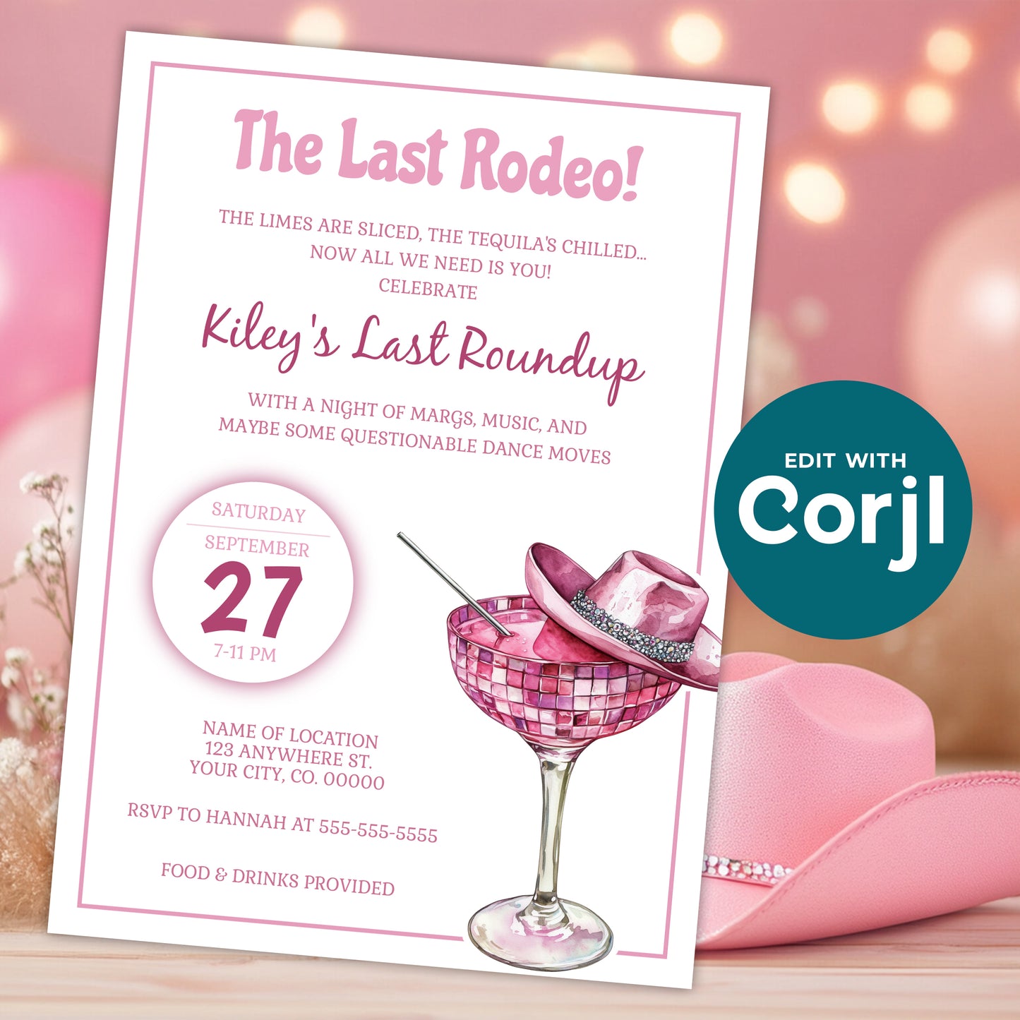 Last rodeo bachelorette invitation with pink margarita glass and cowgirl hat styled with party decor, editable western bachelorette invite